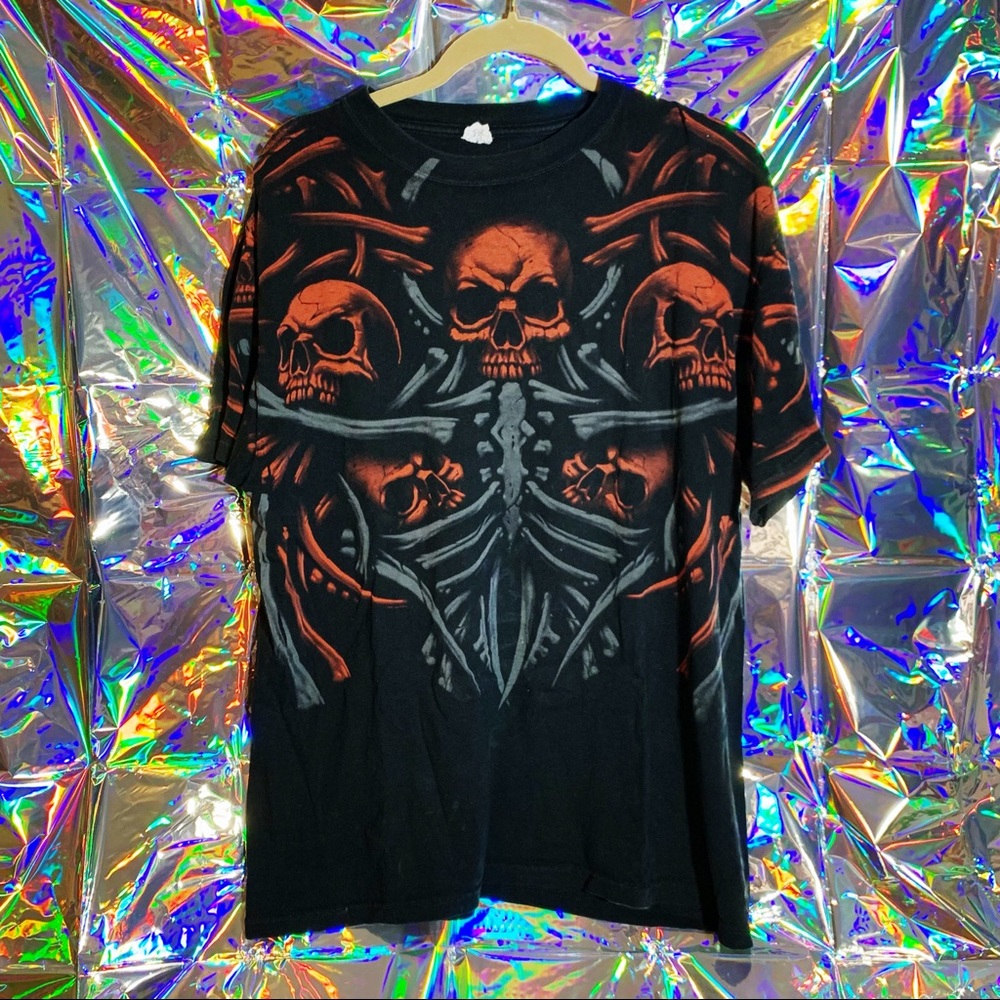 Y2K Vintage Liquid Blue All Over Print Red Skull Skeleton Double Sided Shirt